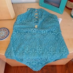 Aqua crocheted one piece swim suit
